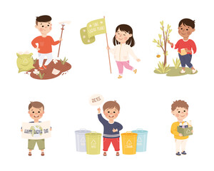 Poster - Little Boy and Girl Taking Care of Planet Earth Vector Illustration Set