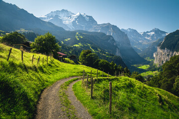 Wall Mural - Curved rural road on the slope in Lauterbrunnen valley, Switzerland