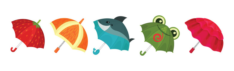 Poster - Cute Colorful Open Umbrellas as Folding Canopy with Pole Vector Set