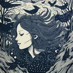 Wall Mural - Woman surrounded with birds fantasy lino print cut Illustration profile view generative ai