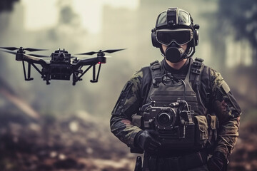 Wall Mural - anti terrorist special force squad on action with military drone