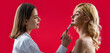 © Yevhen - Make up in process. Beautiful woman face. Hand of visagiste, painting cosmetics beauty model girl. Make-up artist working with brush on model face. Applying tone to skin. Process of making makeup