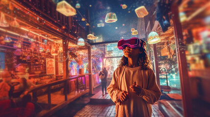 The girl wearing a virtual reality headset, exploring a virtual world filled with educational wonders Generative AI