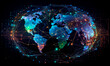 © Kyryl - Glowing digital global earth map background. Neon 3d generative AI purple continents with futuristic communication grid and cyberspace connection lines with international information
