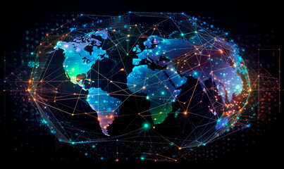 Glowing digital global earth map background. Neon 3d generative AI purple continents with futuristic communication grid and cyberspace connection lines with international information