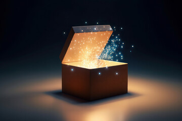 mystery box with Illuminated lighting glitter on dark background. holiday and birthday. ai, ai generative, generative ai, neural network