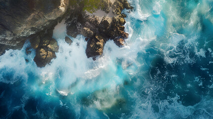 Wall Mural - Aerial top view of sea and rocks, ocean blue waves crashing on shore, generative AI