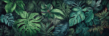 Tropical Plants Texture Background, Panoramic Floral Pattern, Generative AI.