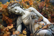 Ancient Statue Of Sleeping Woman Under Fall Leaves, Female Sculpture Outdoor, Generative AI.