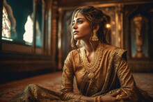 Young Indian Woman, Rich Girl In Saree And Jewelry Sits In Luxury Interior, Generative AI