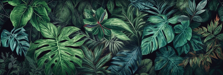 Wall Mural - Tropical plants texture background, panoramic floral pattern, generative AI.