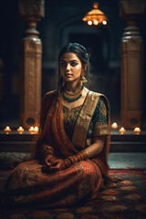 Wall Mural - Indian woman in rich saree and jewelry sits in temple dark interior, generative AI.