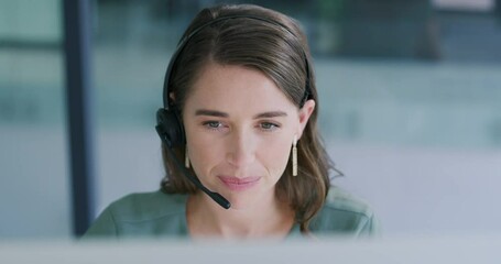 Fototapete - Call center woman, talk and happy in office with consulting, advice or smile for telemarketing job. Agent girl, crm and voip communication with mic, customer service or technical support in workplace