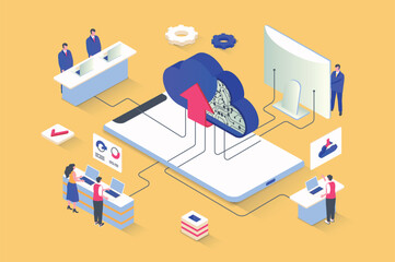 Poster - Cloud computing concept in 3d isometric design. Network computing technology, data storage and upload, secure access to database server. Vector illustration with isometry people scene for web graphic