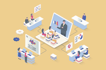 Aufkleber - Coaching concept in 3d isometric design. Business coach making lecture for company employees, improves sales performance and profit. Vector illustration with isometry people scene for web graphic