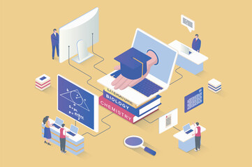 Online education concept in 3d isometric design. Students study, gain knowledge and skills, watch video lectures, graduate university. Vector illustration with isometry people scene for web graphic