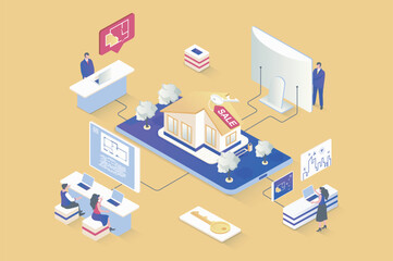 Wall Mural - real estate concept in 3d isometric design. architectural agency makes blueprints, realtors sell apa