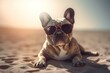 a dog donning sunglasses and dozing off on the beach. Generative AI
