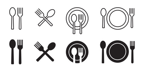 Wall Mural - Fork & spoon icon vector set. Restaurant utensil symbol. Dinner dish or plate with spoon and fork sign outline for apps and websites.