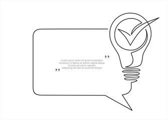 Quick tips.Continuous one line drawing of lightbulb with checkmark like quick tip icon and speech bubble. Trendy line art vector on a white background. Vector illustration.