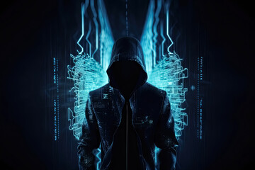 Unknown hacker on cyber background. Internet, cyberspace and data security concept. Generative AI.