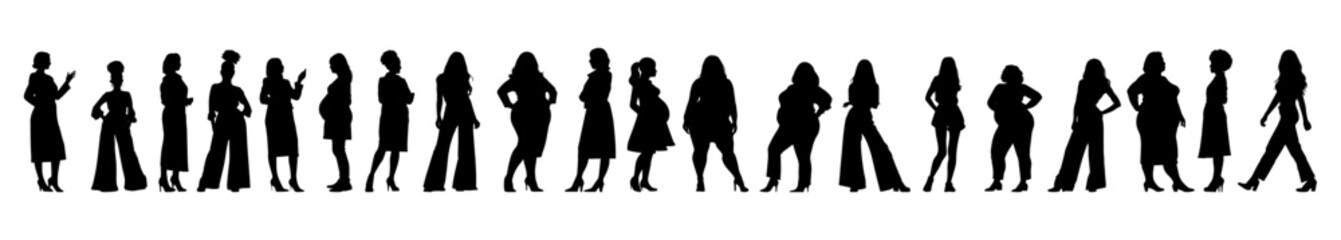 Vector illustration. Big set of female silhouettes. Different woman in various poses. Different physique.