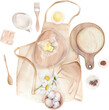 © NataliaArkusha - Watercolor Compositions With Apron, Fresh Bread, Baking Ingredients And Tools