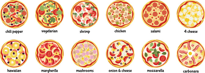 Wall Mural - Cartoon italian pizza top view. Pizzas different ingredients set. Isolated pizzeria symbols, fast food delivery service decent vector graphic