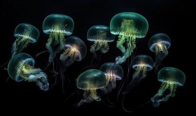 Canvas Print -  a group of jellyfish swimming in the ocean at night with their lights on and glowing in the water, all of them are green.  generative ai