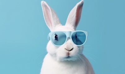 Sticker -  a white rabbit wearing blue sunglasses on a blue background with a light blue background and a light blue background with a white rabbit wearing blue sunglasses.  generative ai