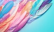  a group of colorful feathers floating in the air on a blue background with a shadow of the feathers on the left side of the frame.  generative ai