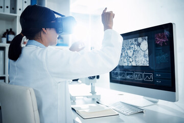 Aufkleber - Woman, scientist and VR goggles with metaverse, computer screen with futuristic tech and science innovation in lab. Virtual reality, digital data and UX with scientific experiment and female doctor