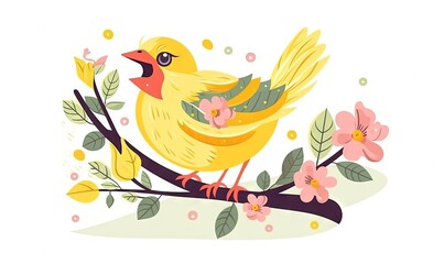 Sticker -  a yellow bird sitting on a branch with pink flowers and leaves around it's neck, with a white background with pink flowers and green leaves.  generative ai