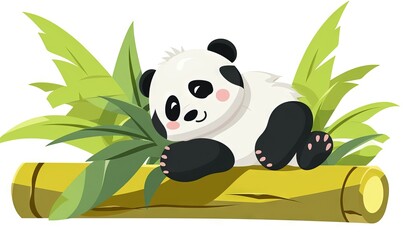 Poster -  a panda bear is sitting on a log and eating bamboo leaves on a white background with a green leafy plant in the foreground.  generative ai