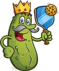 Cartoon pickle king pickle holding a pickleball paddle and ball ready to rule the court and give you a royal beating in a match vector illustration