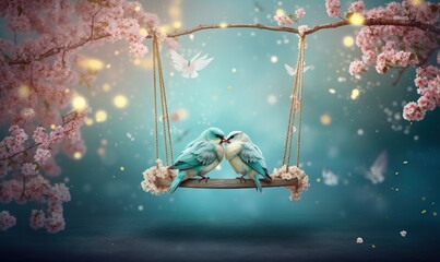 Sticker -  a couple of birds sitting on a swing in front of a tree with pink flowers and butterflies flying around it and a blue sky background.  generative ai