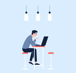 Man working with laptop, program development male character. Programmist, geek boy work on computer. IT worker, surfing internet vector scene
