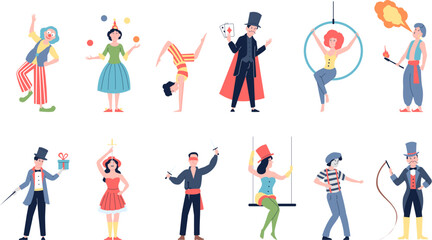 Circus actors, show artist and mime. Clowns, flat carnival festival characters. Street theater performer, people in costumes recent vector set