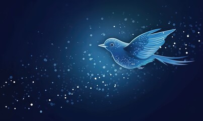 Poster -  a blue bird flying through the air with bubbles on it's wings and a blue background with white dots on it's wings.  generative ai