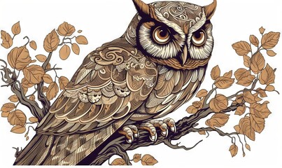 Poster -  an owl sitting on a tree branch with leaves around it's neck and eyes open, with a white background and brown leaves around its neck.  generative ai