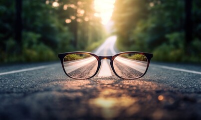 Poster -  a pair of glasses sitting on the side of a road in the middle of the day with the sun shining through the lens of the glasses.  generative ai