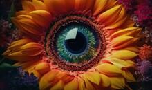  A Close Up Of A Sunflower With An Eyeball In The Center Of The Flower Petals, With A Black Circle In The Center Of The Center.  Generative Ai