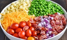  A White Bowl Filled With Different Types Of Pasta And Veggies And Meats On Top Of A Wooden Table With Green Peas, Red Onions, Red And Yellow And Green Peas.  Generative Ai