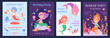 © ssstocker - Mermaid invitation cards. Cute mermaids mythical princess invitations postcards for baby kid birthday party, ocean underwater world sea child poster ingenious vector illustration