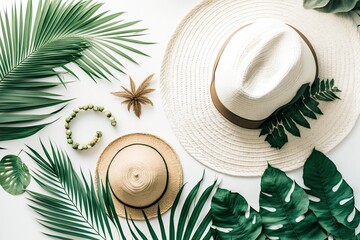 Sticker - On a backdrop of white wood are tropical palm fronds, a straw hat, starfish, and seashells. tropical style. fashion accessories and attire. Close-up, flat lay. Concept of summer, Generative AI