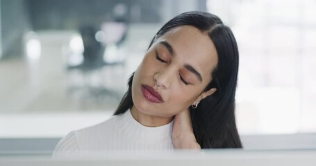 Poster - Business woman, neck pain and stress in anxiety, burnout or overworked from strain at office. Tired, stressed or exhausted female employee suffering bad pain, mental health or discomfort at workplace