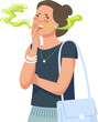 Woman bad breathing. Teenager asian girl with disgusted breath from mouth, bacteria halitosis disease or dental tooth trouble, smelly odor stink in conversation vector illustration