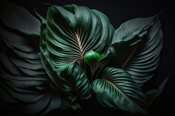 Sticker - Spathiphyllum cannifolium leaves, abstract dark green surface, natural backdrop, tropical foliage. Generative AI