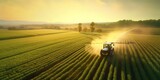 Fototapeta  - AI Generated. AI Generative. Photo air drone illustration of Tractor spraying pesticides  on field farm landscape. Graphic Art