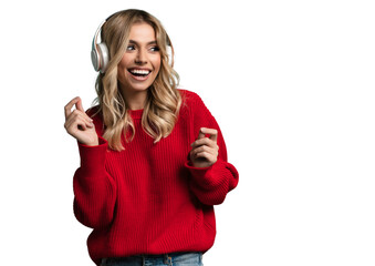 portrait of charming blonde woman in massive headphones listening to music on transparent